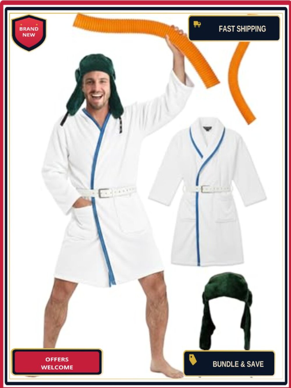 Men's Halloween Christmas Costume 4pc White Robe Hat Belt Flannel Cosplay